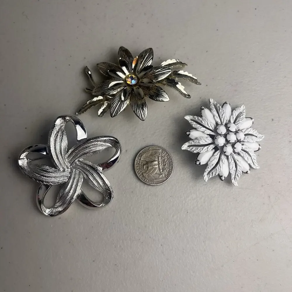 Vintage Floral Brooch Pin Lot Silver Tone Milk Glass AB Aurora Borealis Jewelry